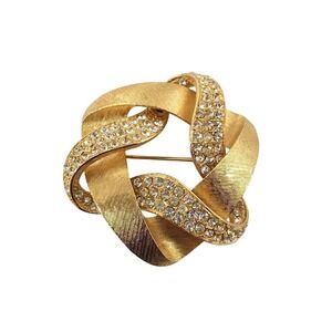 Vintage Gold Tone Swirl Knot Rhinestone Ribbon Brooch Pin